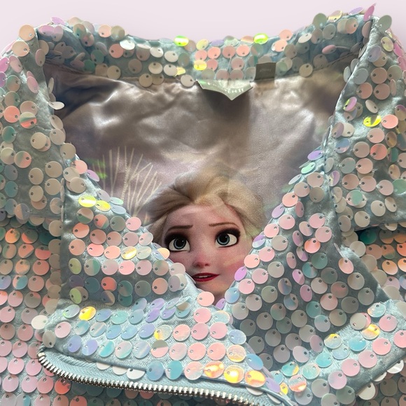 Girls Disney Frozen II All Over Large Sequin Sparkly Zip Up Jacket Elsa Lining - Picture 4 of 11